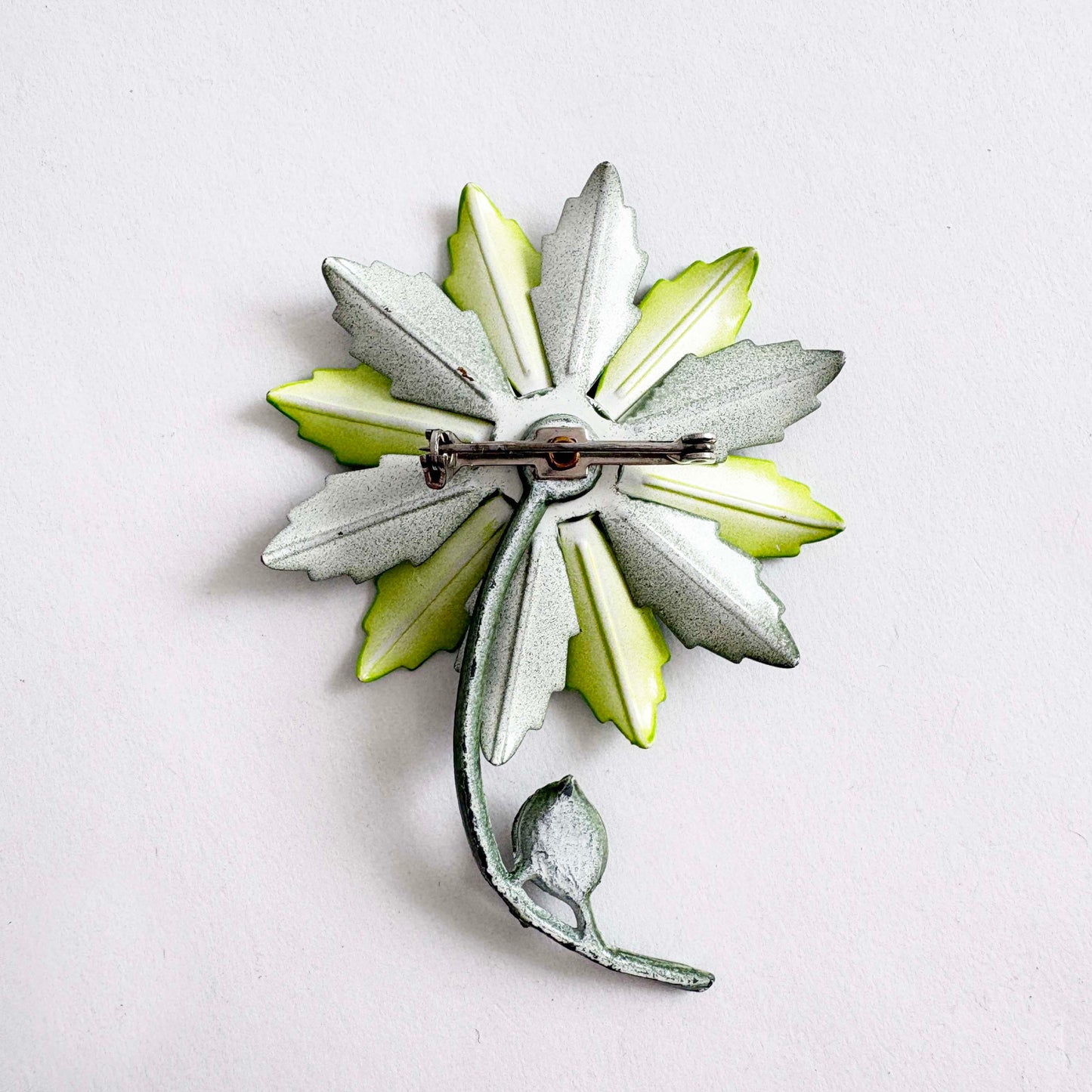 Vintage Two-Tone Green Enamel Flower Brooch Large | 1960s–1970s