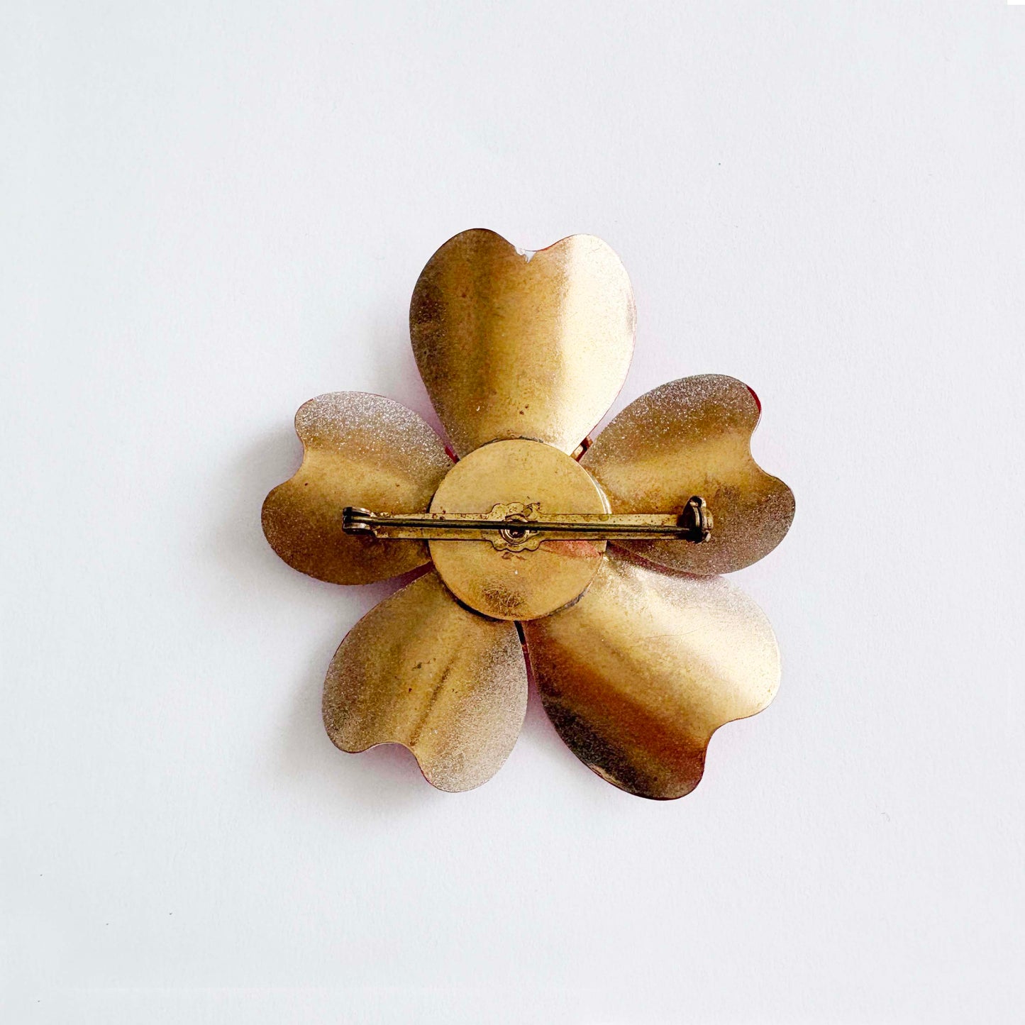 Vintage Red Enamel Flower Brooch with White Center | Mod Floral Pin | 1960s