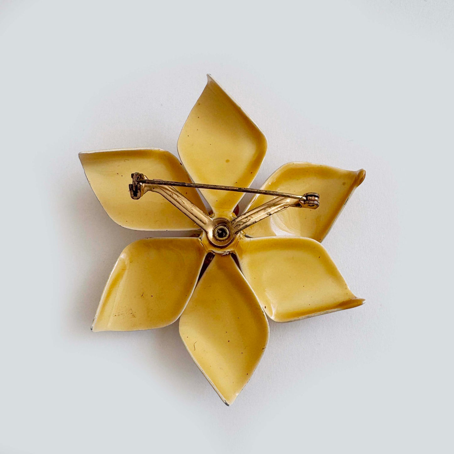 Vintage Yellow Enamel Flower Brooch with Black Accents and Brown Stamen Center | Mod Daisy | 1960s