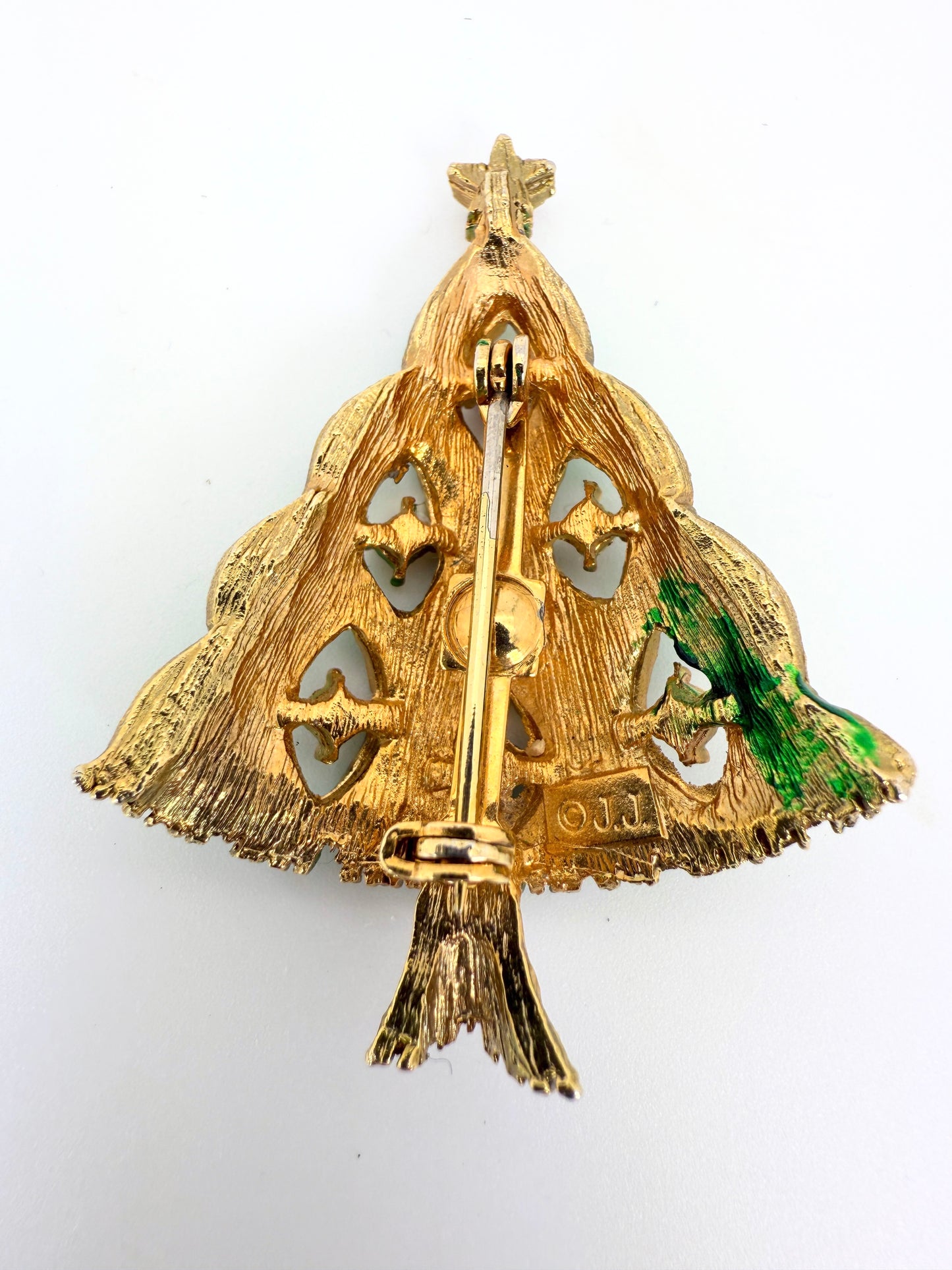 Vintage Green Enamel Christmas Tree Brooch – Gold-Tone with Red Rhinestones