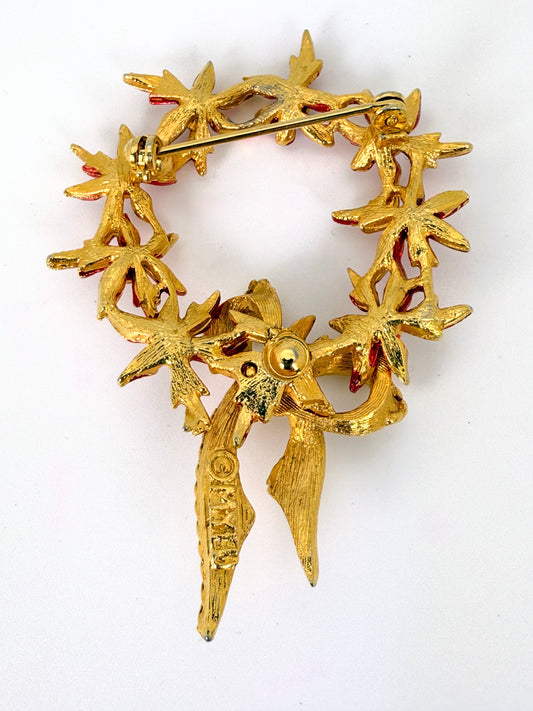 Vintage 1960s MYLU Poinsettia Christmas Wreath Brooch – Gold Tone, Red Enamel & Green Crystals
