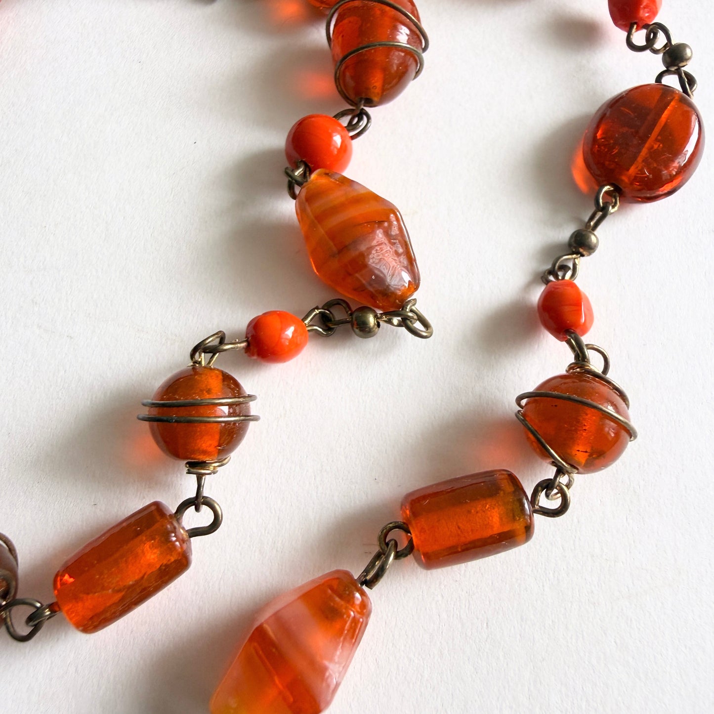 Art Deco Czech Amber & Coral Glass Sautoir Necklace – 48" Flapper Length – Bohemian Lampwork Ribbon Beads