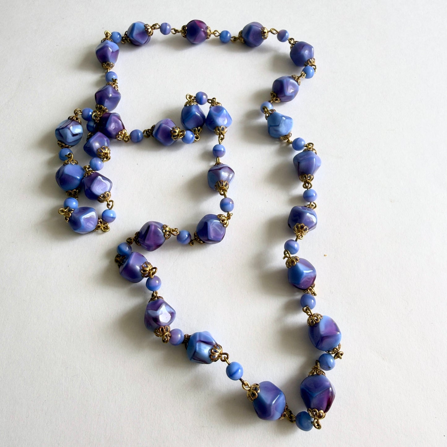 Vintage Czech Marbled Lavender & Blue Glass Bead Opera Length Necklace – Bohemian Slag Glass c. 1930s–40s