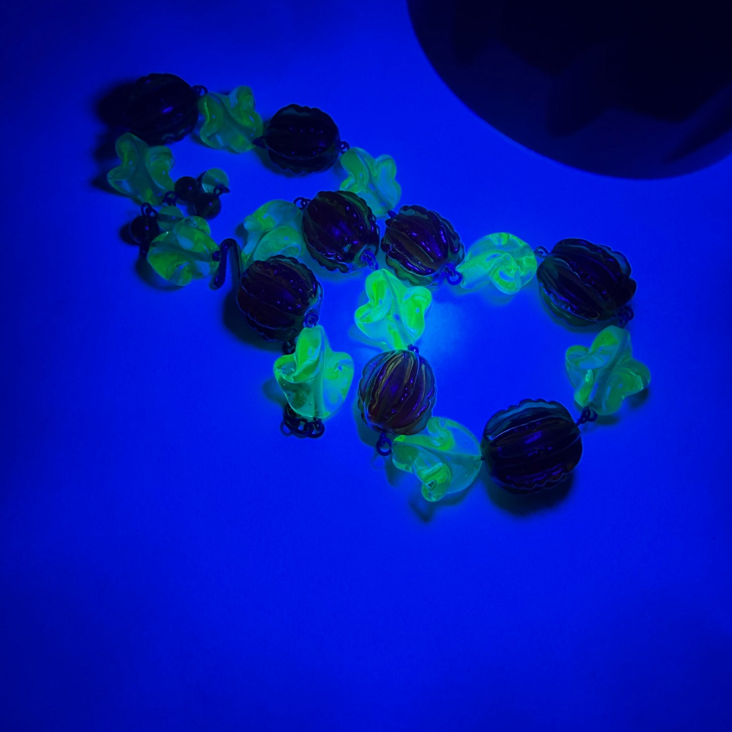 Vintage Czech Uranium Glass Ribbon & Pumpkin Bead Necklace – Art Deco Choker (UV Reactive)