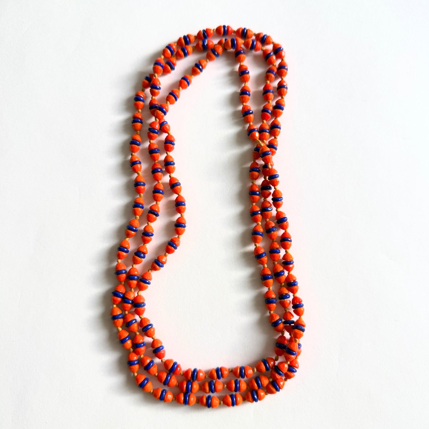 Vintage Czech Glass Bead Necklace Orange Cobalt Blue Long Sautoir 54" (c. 1930s)