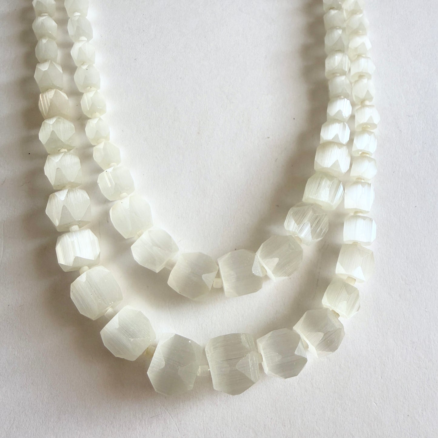 Vintage Czech Satin Atlas Glass Necklace Milky White Faceted Graduated Beads Art Deco Style