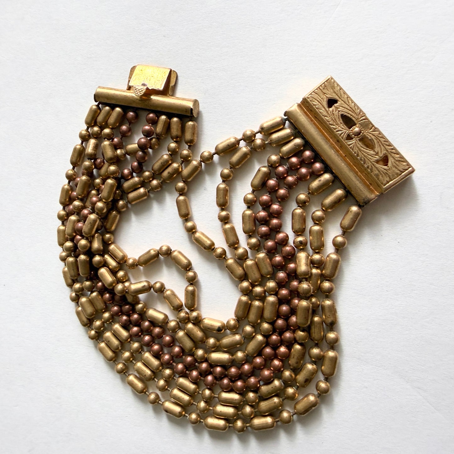 Vintage Art Deco Multi Strand Bead Bracelet Gold Bronze Filigree Clasp 1930s