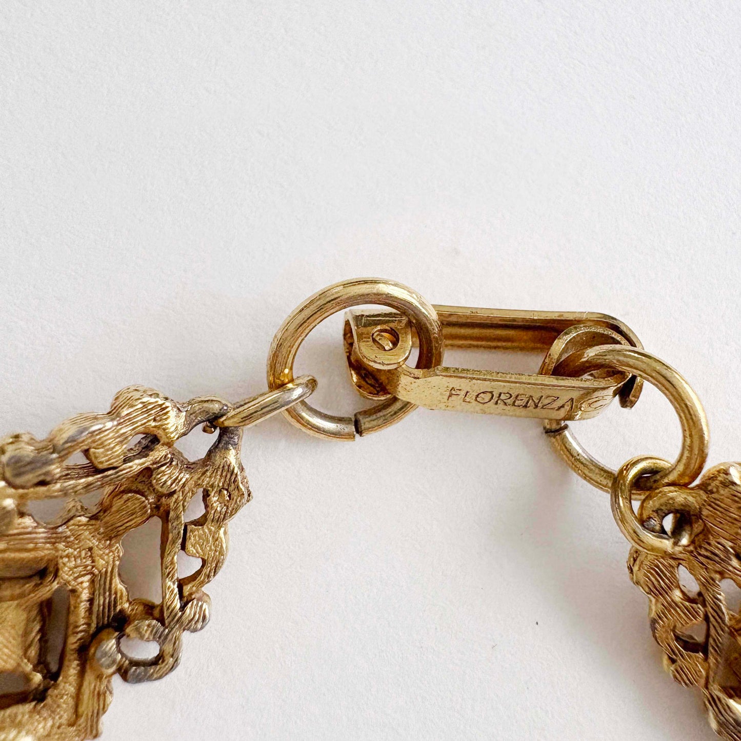 Vintage Florenza Filigree Bracelet Green & Blue Rhinestone Gold Tone