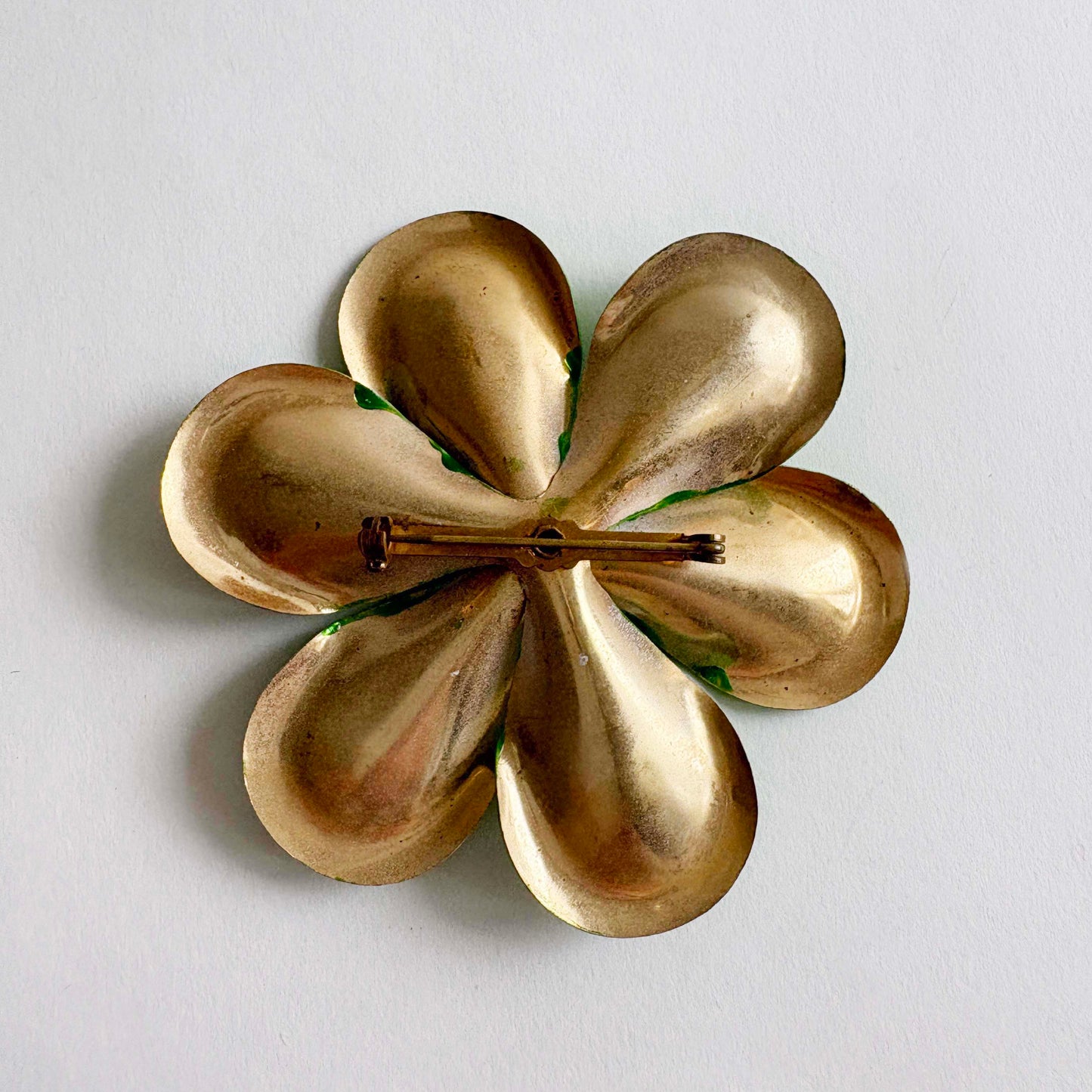 Vintage Large Green Enamel Flower Brooch with Yellow Center | 1960s