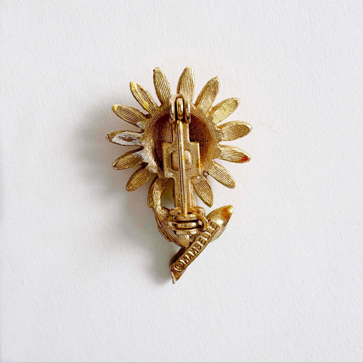 Vintage Mamselle Rhinestone Flower Brooch | Gold Tone Daisy with Amber and Green Rhinestones | 1970s