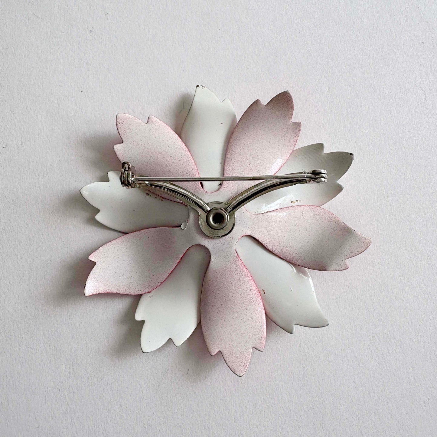 Vintage enamel flower brooch back 1960s–1970s