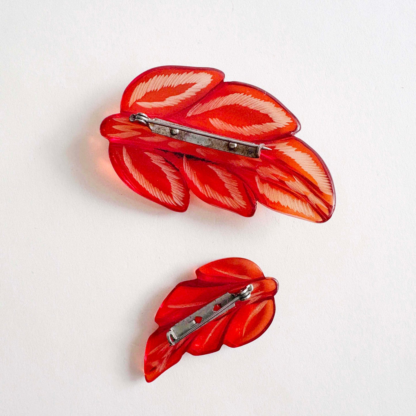 Vintage Reverse Carved Lucite Leaf Brooch Pair | Mid-Century