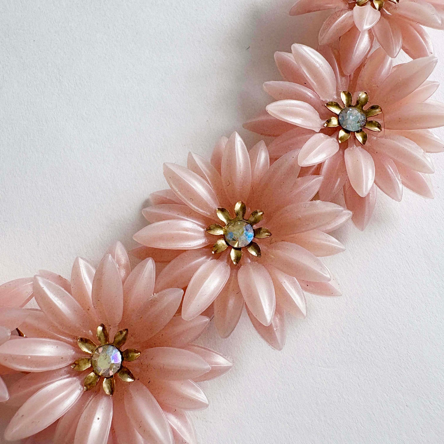 Vintage Coro Pink Soft Plastic Flower Bracelet with AB Rhinestones | 1960s