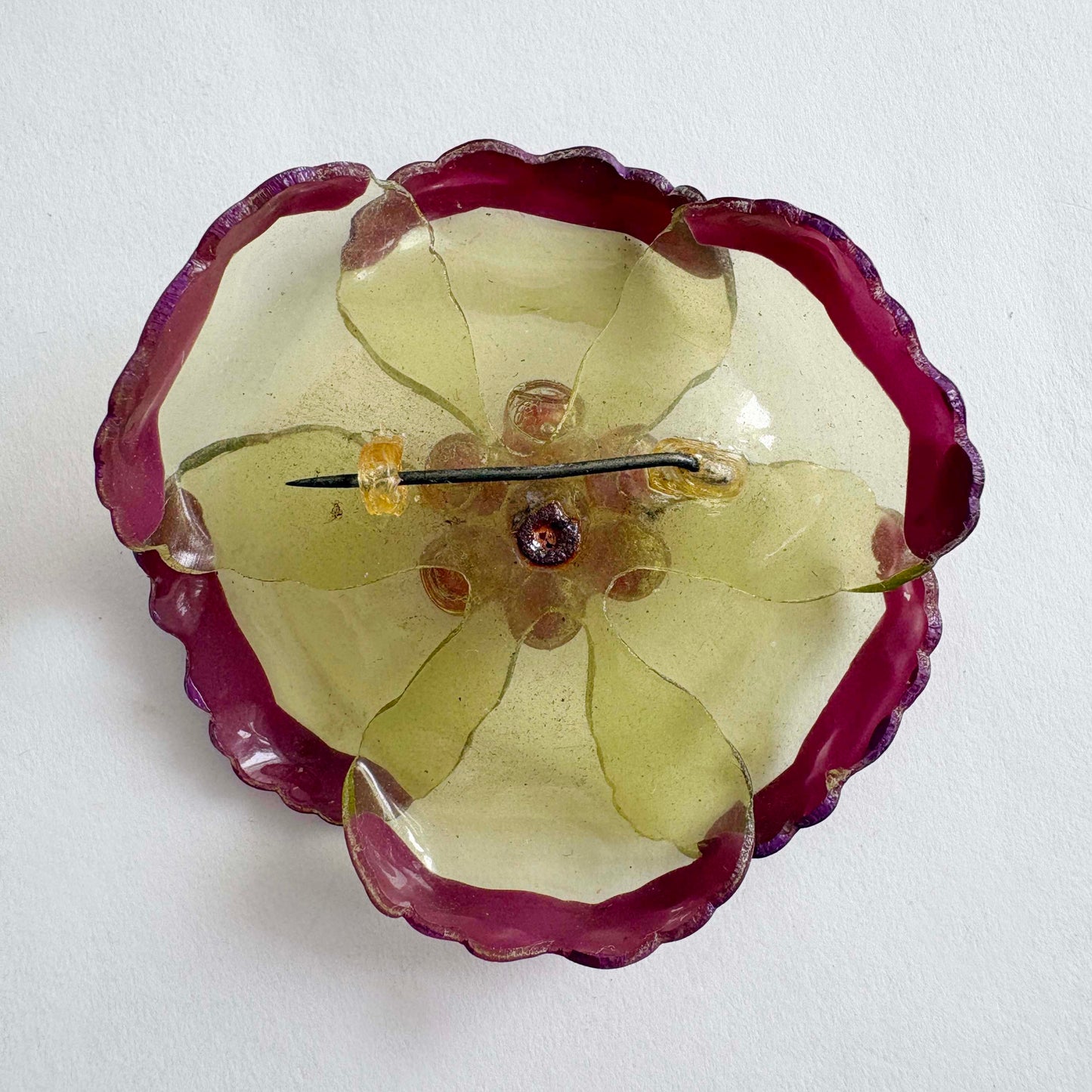 Vintage Translucent Cellulose Acetate Flower Brooch with Plum Edges and Berry Center | 1950s