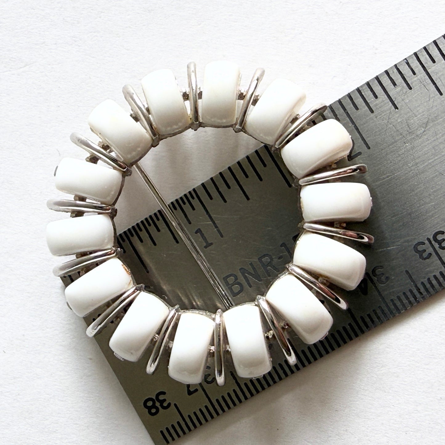 Crown Trifari Pebble Beach Wreath Brooch White Thermoset Silver Tone 1950s