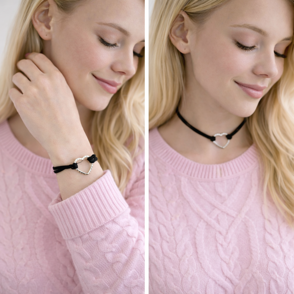 Furla Sterling Silver Heart Choker or Bracelet with Pave accents with Velvet Ties