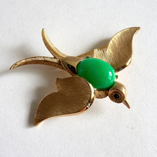 Crown Trifari Fantasies Swallowtail Bird Brooch | Green Cabochon 1960s