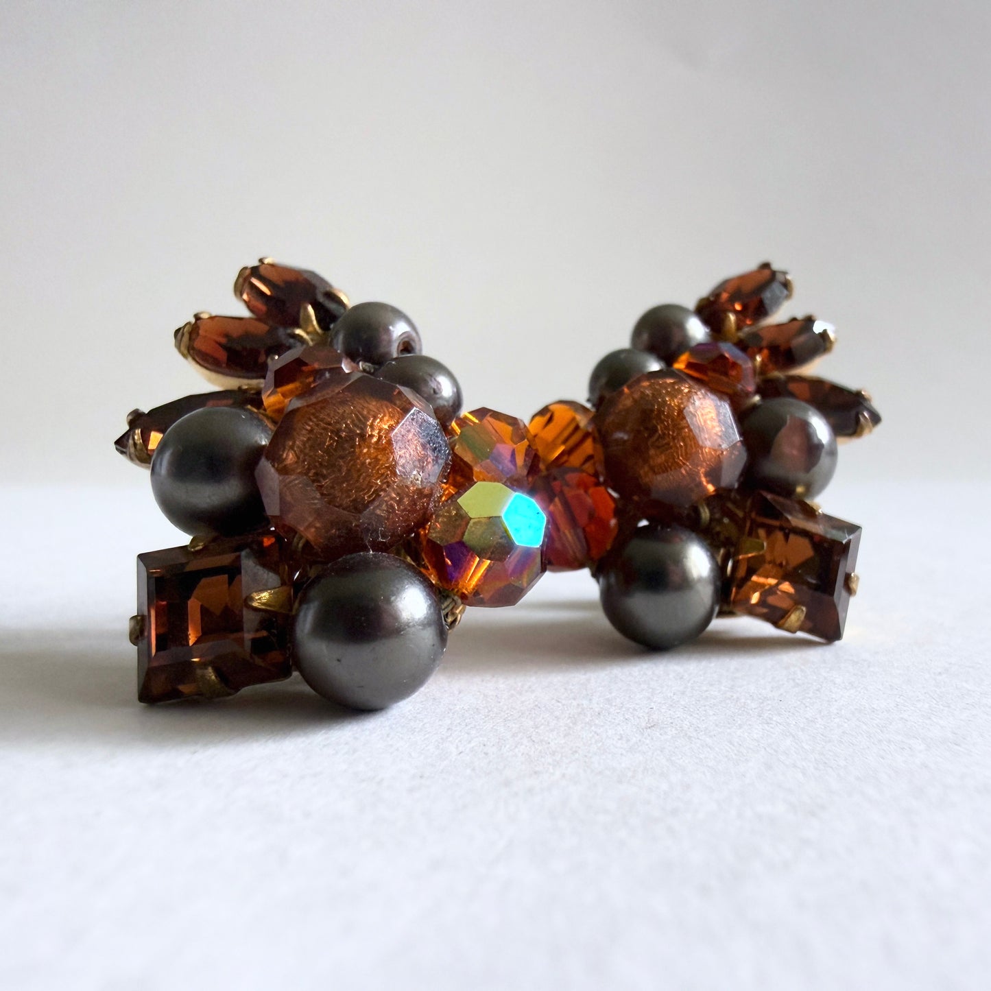 EUGENE Hand Wired Wing Climber Earrings Amber Brown Grey Signed 1950s