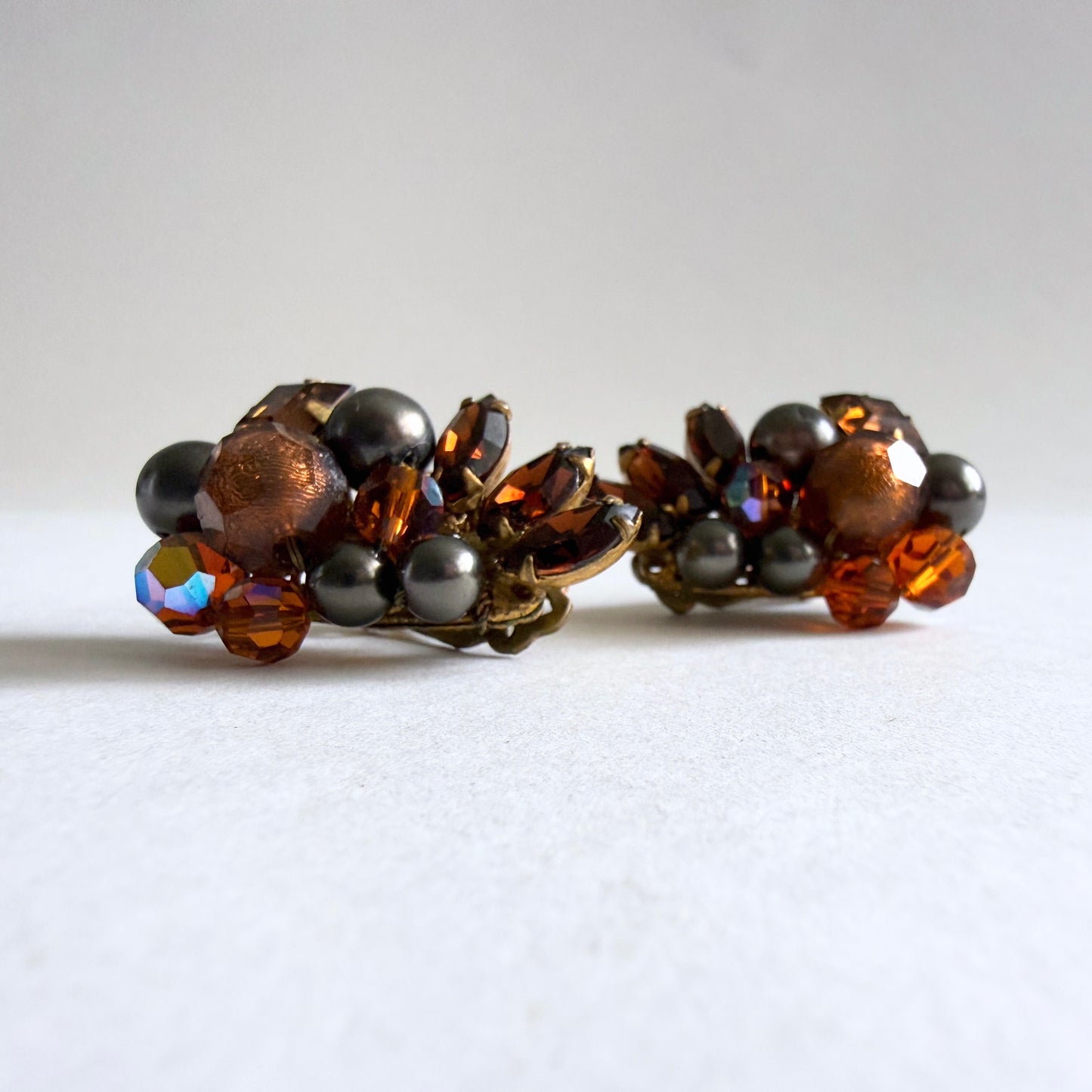 EUGENE Hand Wired Wing Climber Earrings Amber Brown Grey Signed 1950s