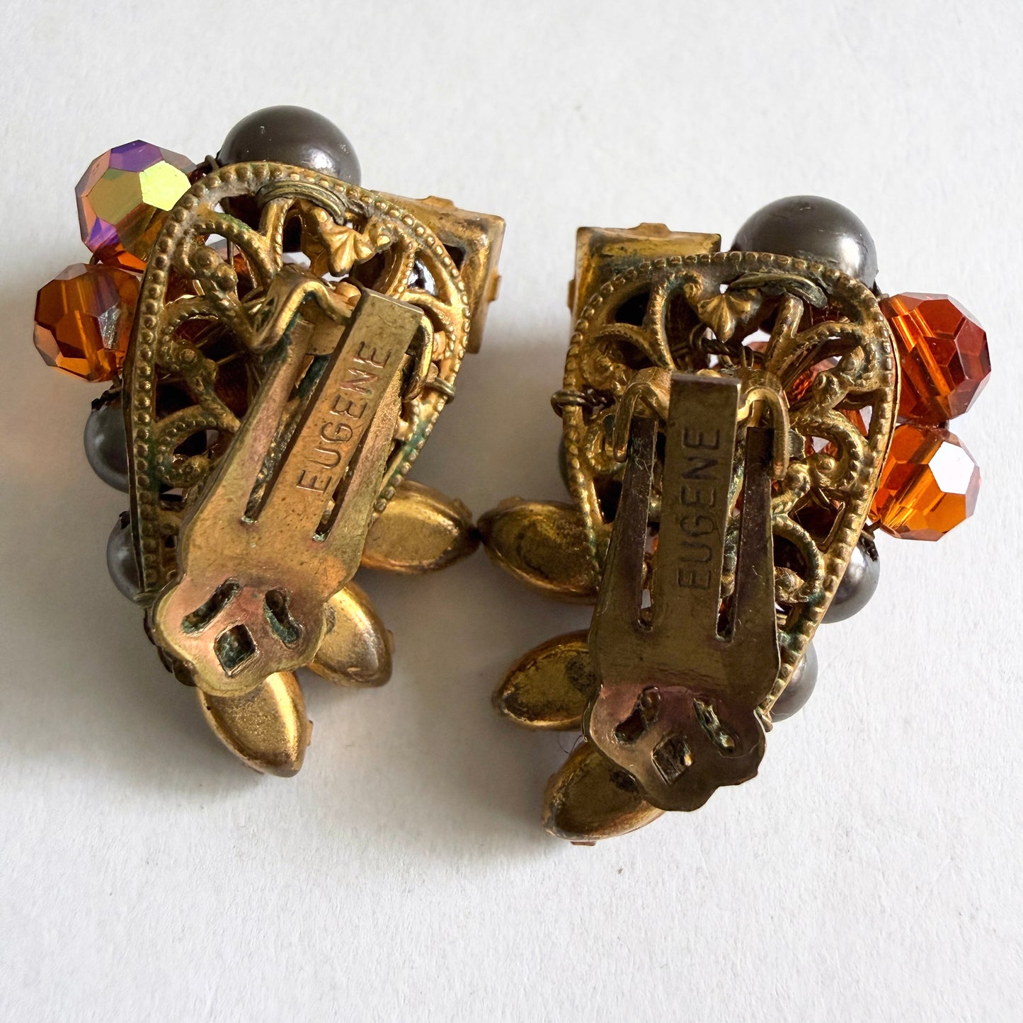 EUGENE Hand Wired Wing Climber Earrings Amber Brown Grey Signed 1950s