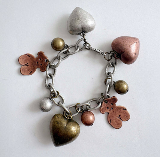 Vintage TOUS Teddy Bear & Puffy Heart Charm Bracelet 1990s