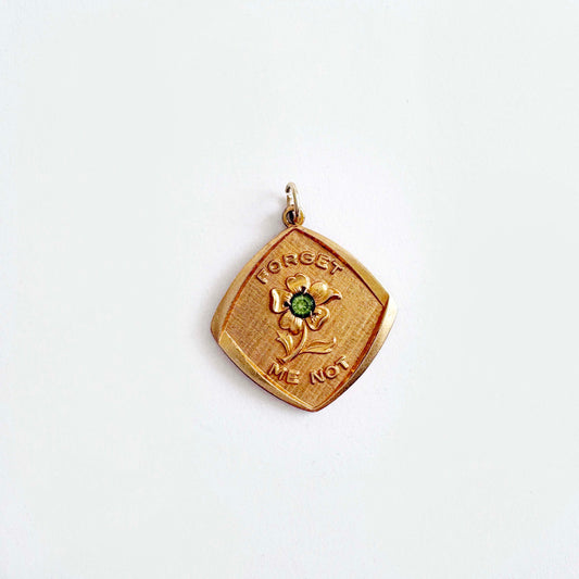 Vintage Gold-tone Mid-century Forget-me-knot Pendant Charm Green Stone