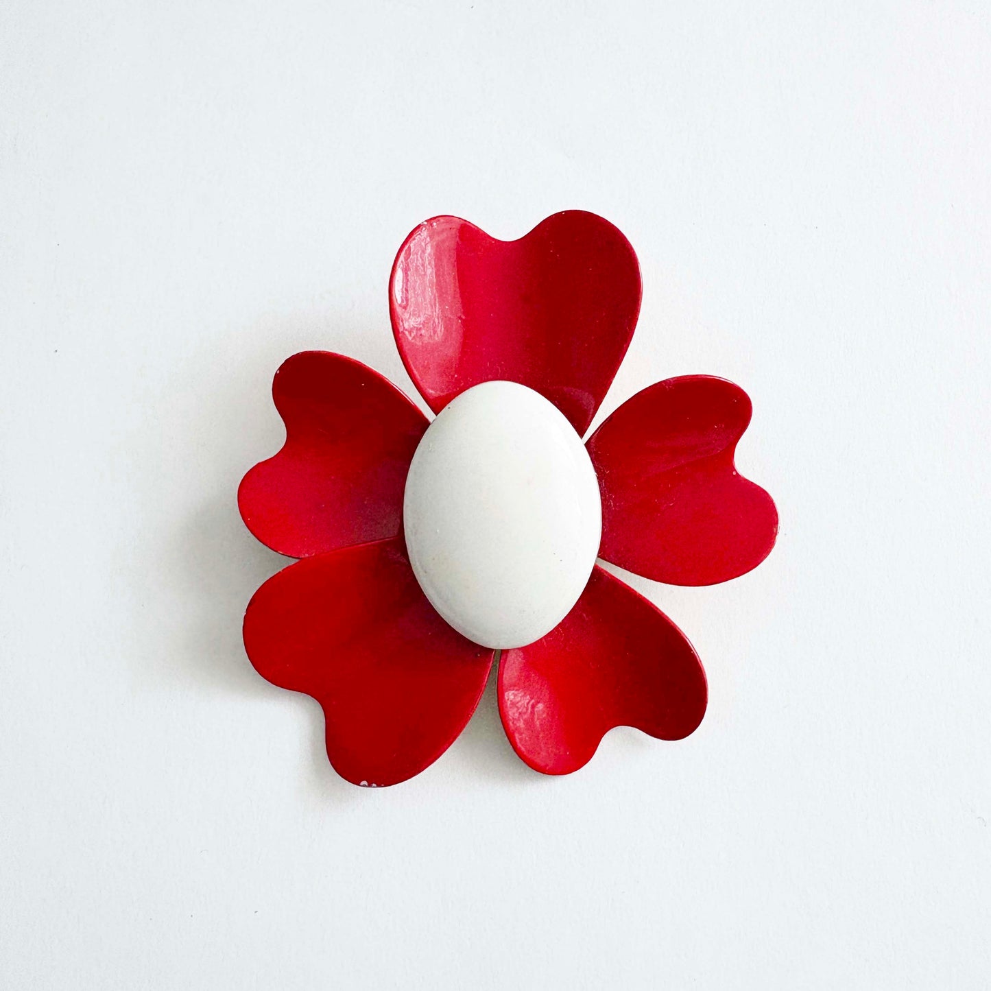 Vintage Red Enamel Flower Brooch with White Center | Mod Floral Pin | 1960s