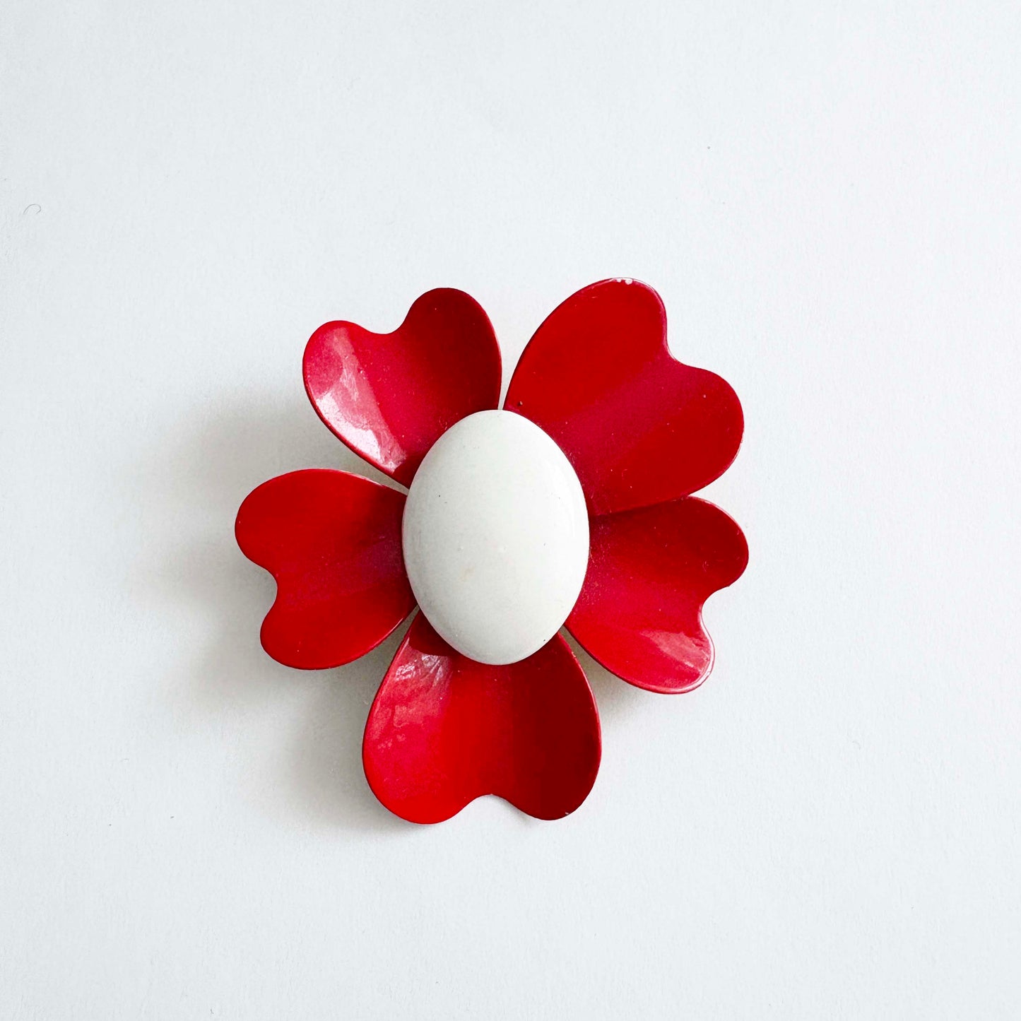 Vintage Red Enamel Flower Brooch with White Center | Mod Floral Pin | 1960s