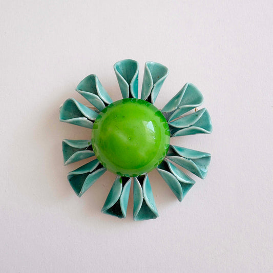 Vintage Weiss blue enamel flower brooch with lime green domed center and curled petals, mid century mod floral design
