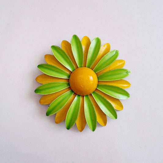 Vintage Yellow and Green Enamel Flower Brooch | 1960s–1970s