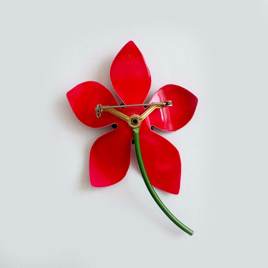 Vintage red enamel flower brooch back 1960s–1970s