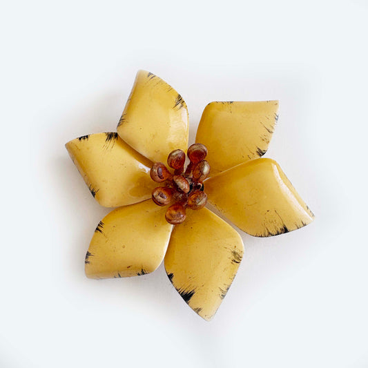 Vintage Yellow Enamel Flower Brooch with Black Accents and Brown Stamen Center | Mod Daisy | 1960s