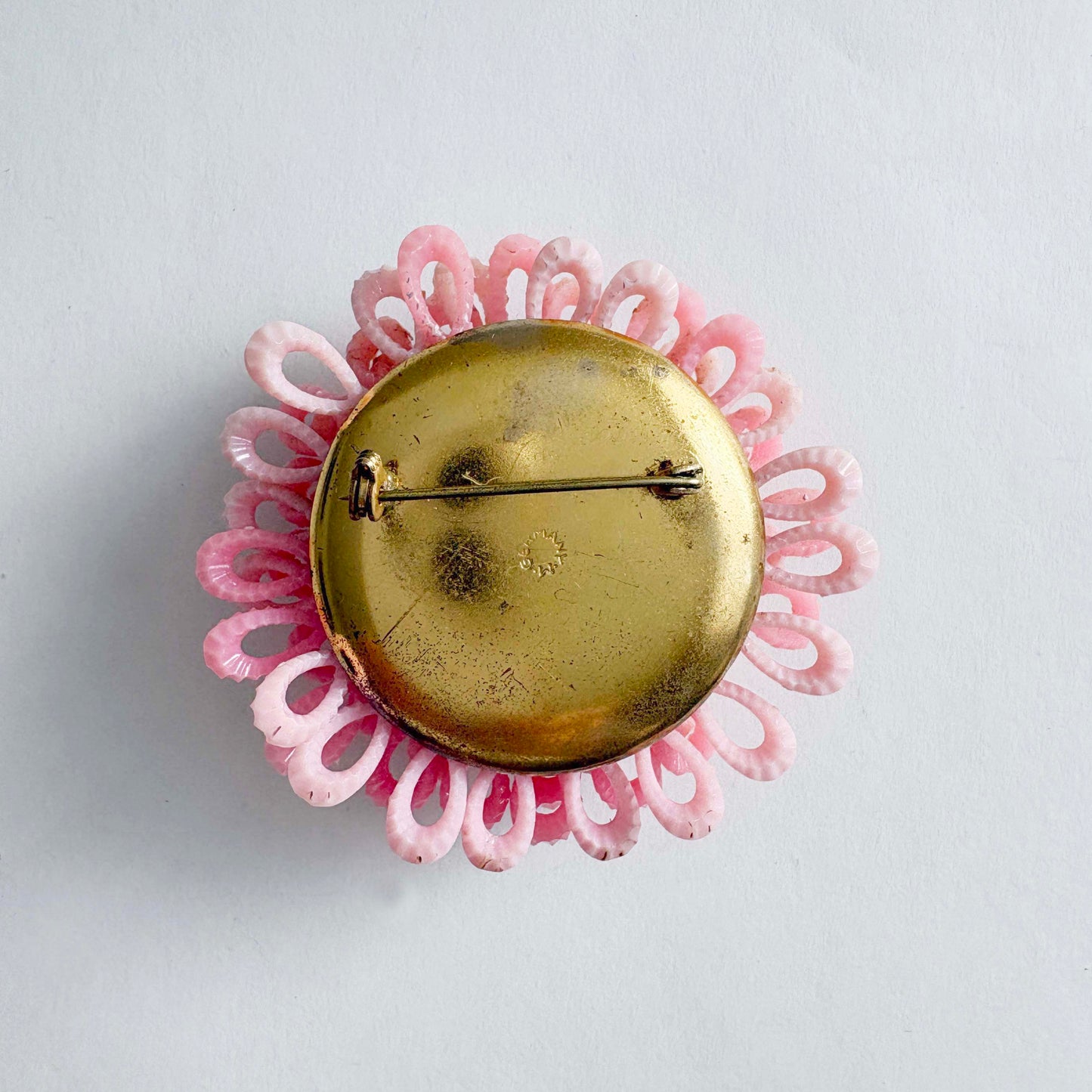 Vintage West Germany Pink Plastic Chrysanthemum Loop Flower Brooch | 1950s