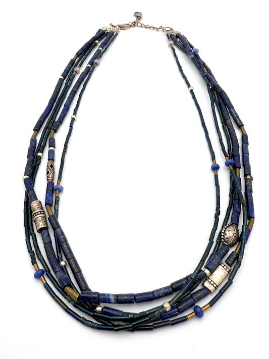 Silpada N3252 “Into The Blue” Retired Multi-Strand Necklace – Lapis, Quartzite, Brass & Sterling Silver