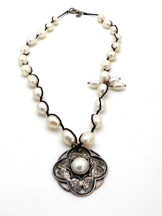 Silpada N2327 “Rhiannon” Retired Sterling Silver & Freshwater Pearl Pendant Necklace – Floral Motif on Cord
