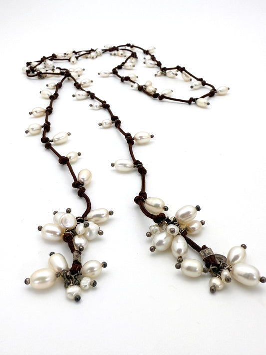 Silpada N2102 Retired Sterling Silver & Freshwater Pearl Lariat Necklace – Brown Cord Wrap Design