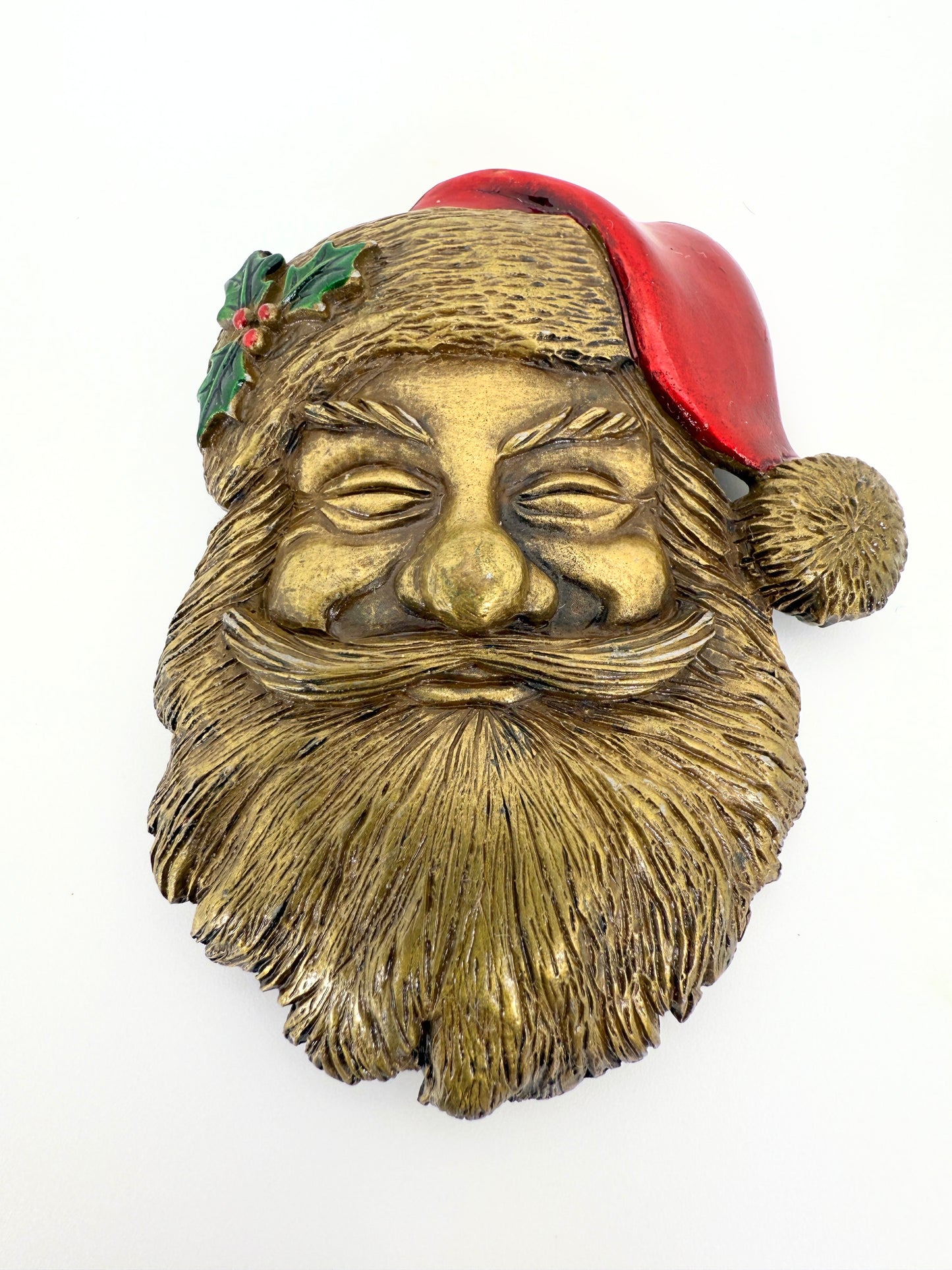 Vintage JJ Santa Claus Brooch – Textured Antique Gold-Tone with Red Enamel Hat