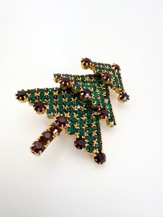 Vintage Triple-Tier Christmas Tree Brooch – Emerald & Ruby Rhinestones, Prong Set