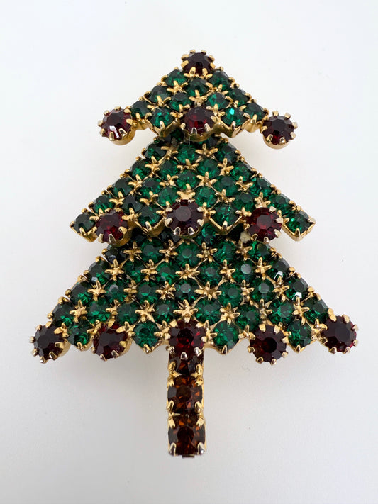 Vintage Triple-Tier Christmas Tree Brooch – Emerald & Ruby Rhinestones, Prong Set