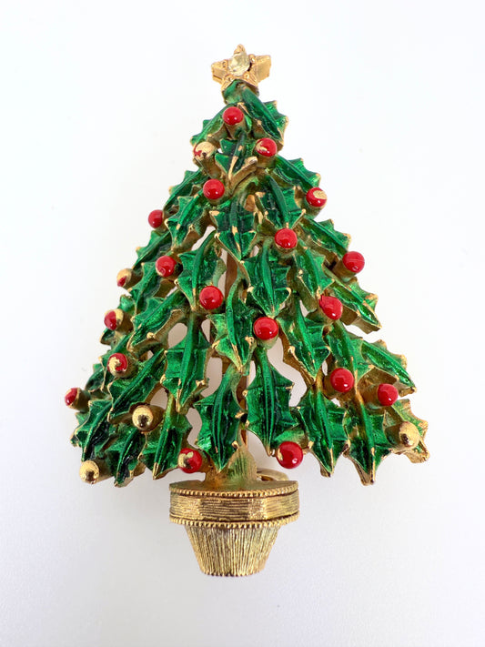 Vintage JJ Holly Berry Christmas Tree Brooch – Green Enamel & Red Berries