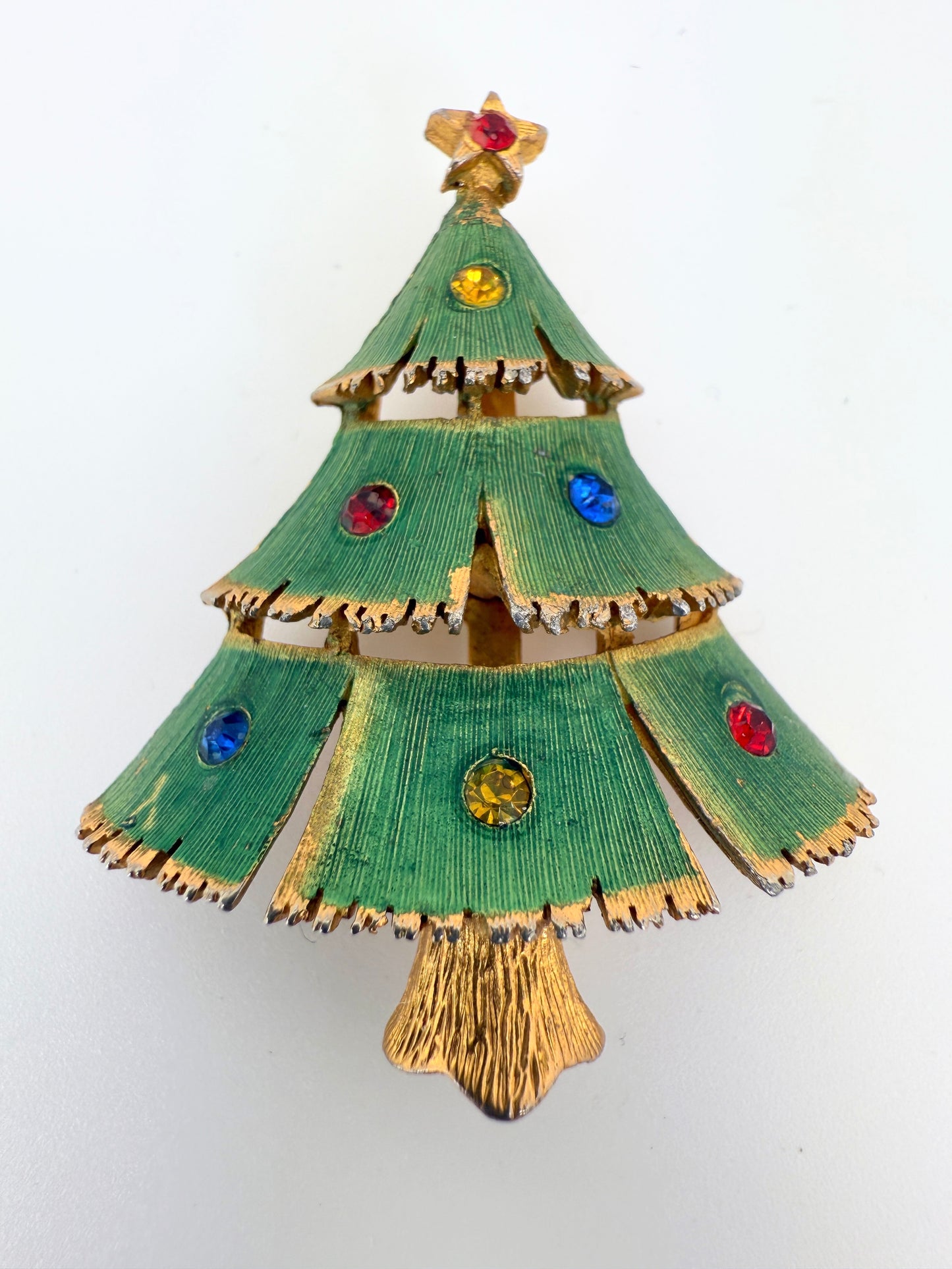 Vintage JJ Green Wash Christmas Tree Brooch – Gold-Tone Tiered Panels with Rhinestones
