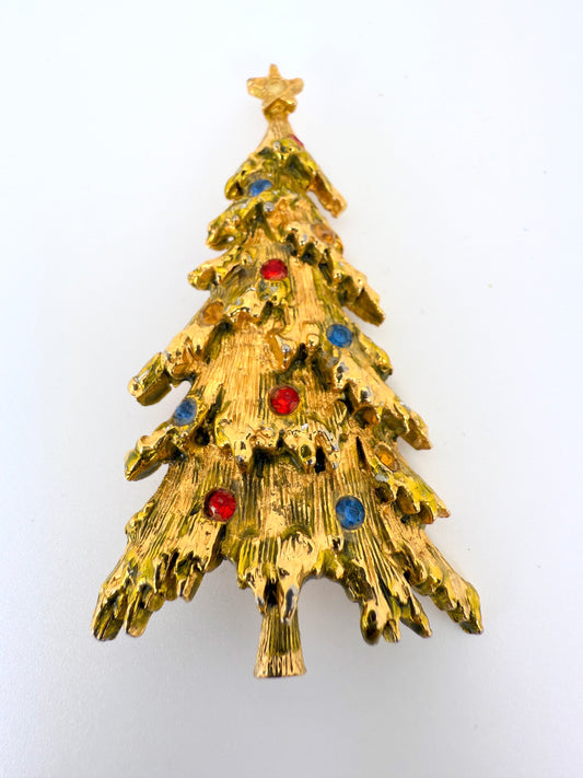 Vintage ART (Arthur Pepper) Gold-Tone Textured Christmas Tree Brooch with Rhinestones