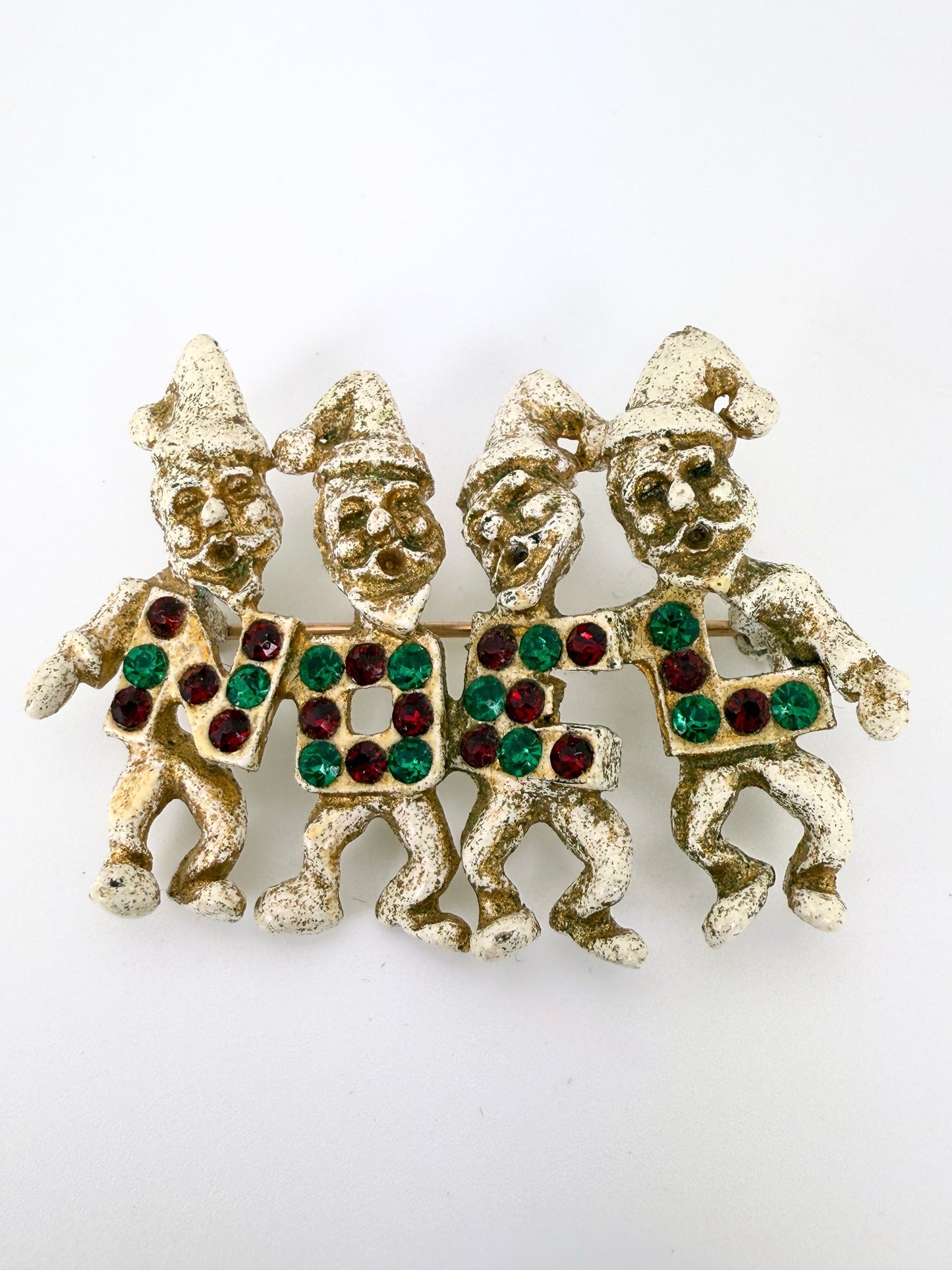 Vintage 1960s Dodds “NOEL” Elf Brooch – Red & Green Rhinestones, White-Gold Enamel
