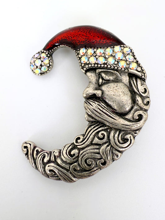 Vintage TC Crescent Moon Santa Brooch – Pewter Finish, Red Enamel & Rhinestones