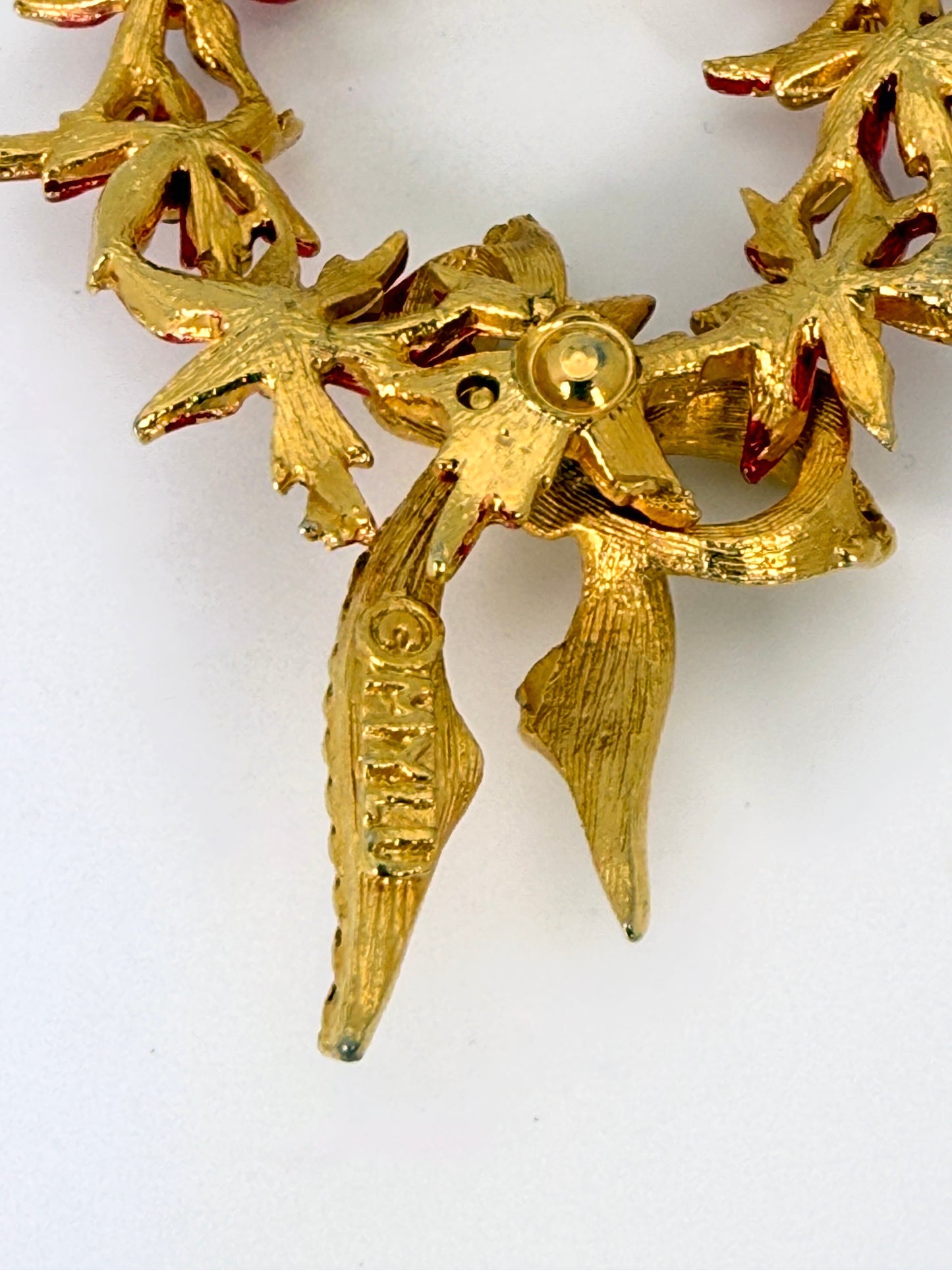 Vintage 1960s MYLU Poinsettia Christmas Wreath Brooch – Gold Tone, Red Enamel & Green Crystals