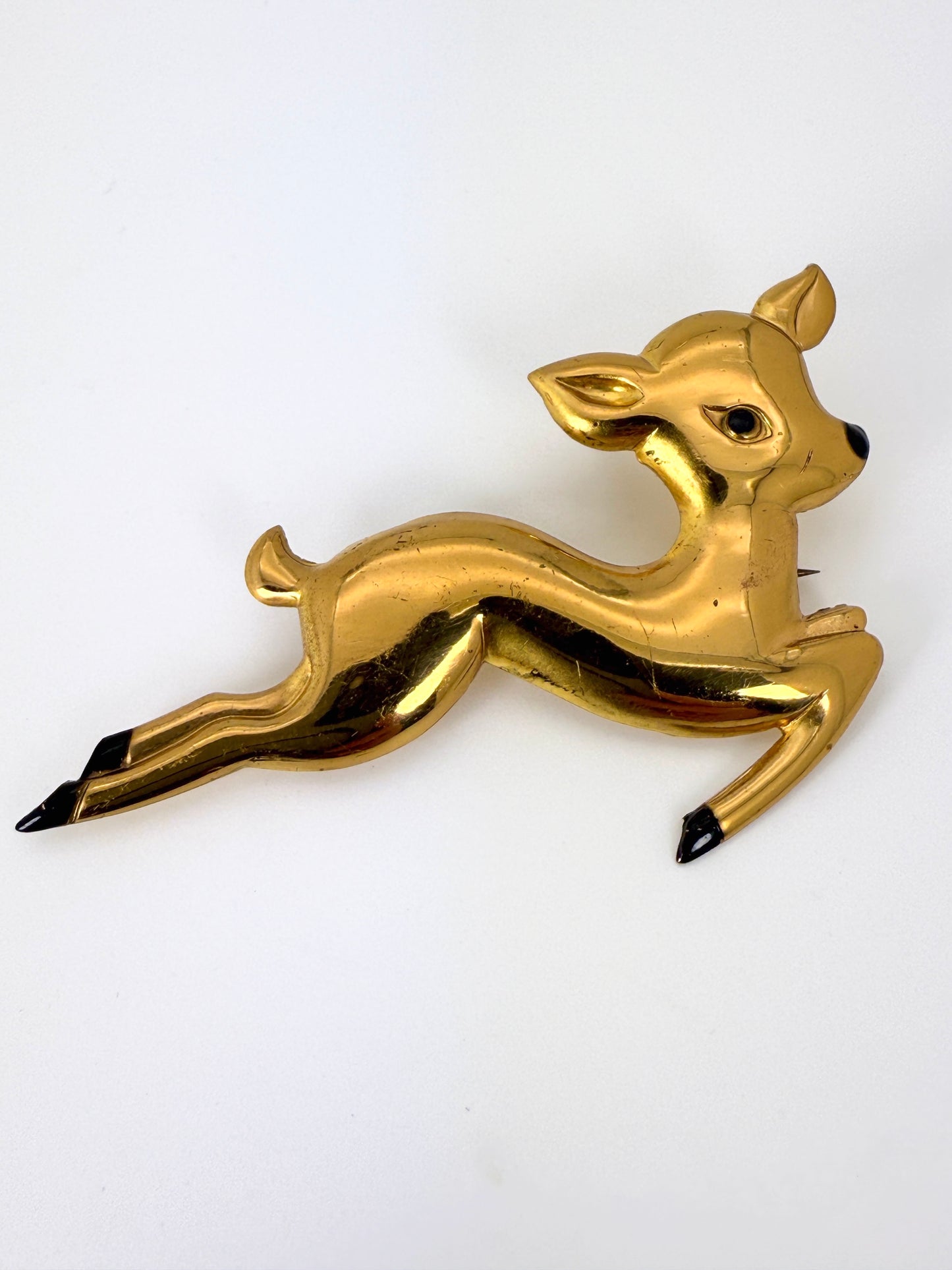 Vintage Mid-Century Gold Tone & Enamel Deer Brooch – 4” Statement Pin