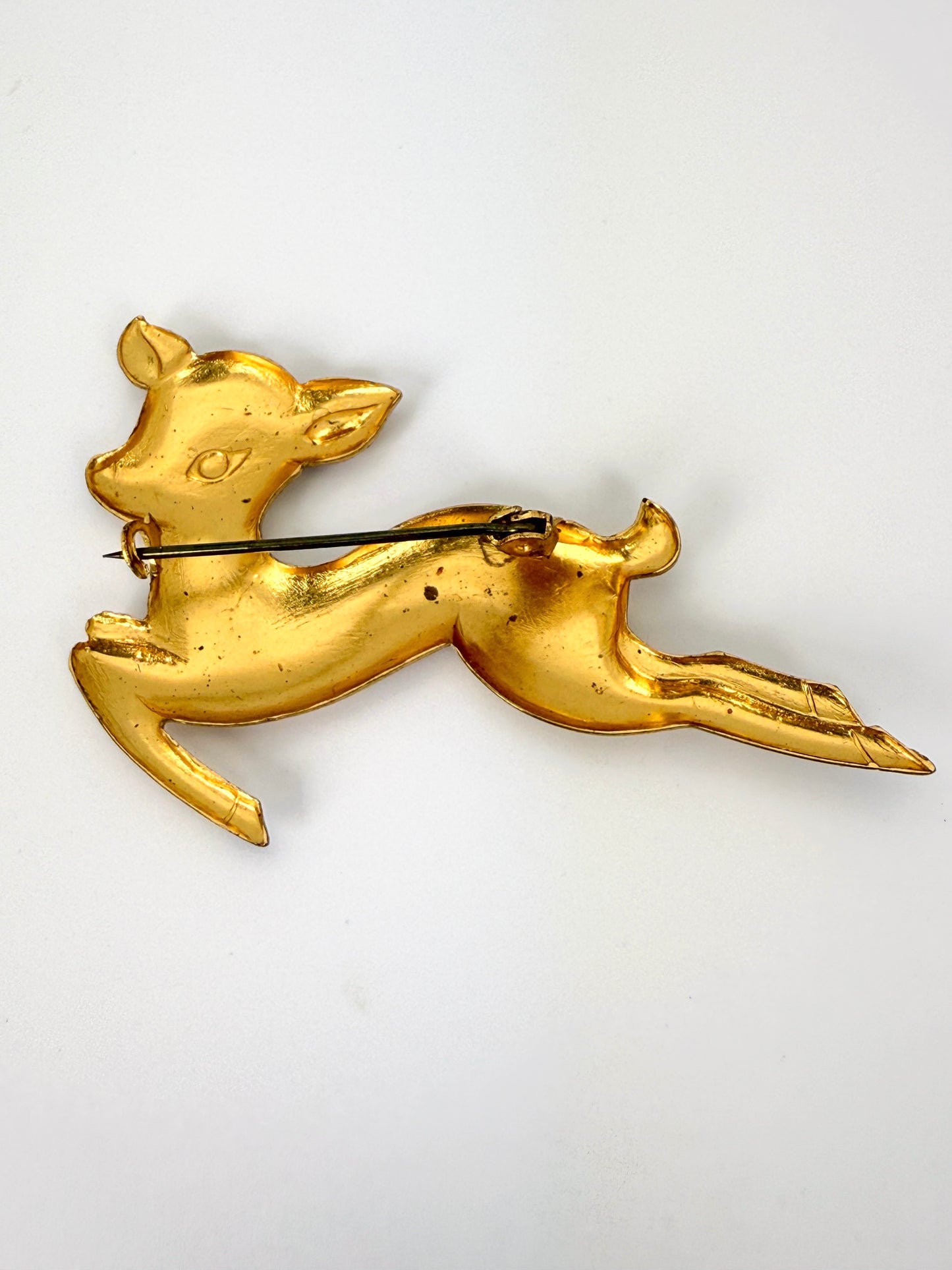 Vintage Mid-Century Gold Tone & Enamel Deer Brooch – 4” Statement Pin