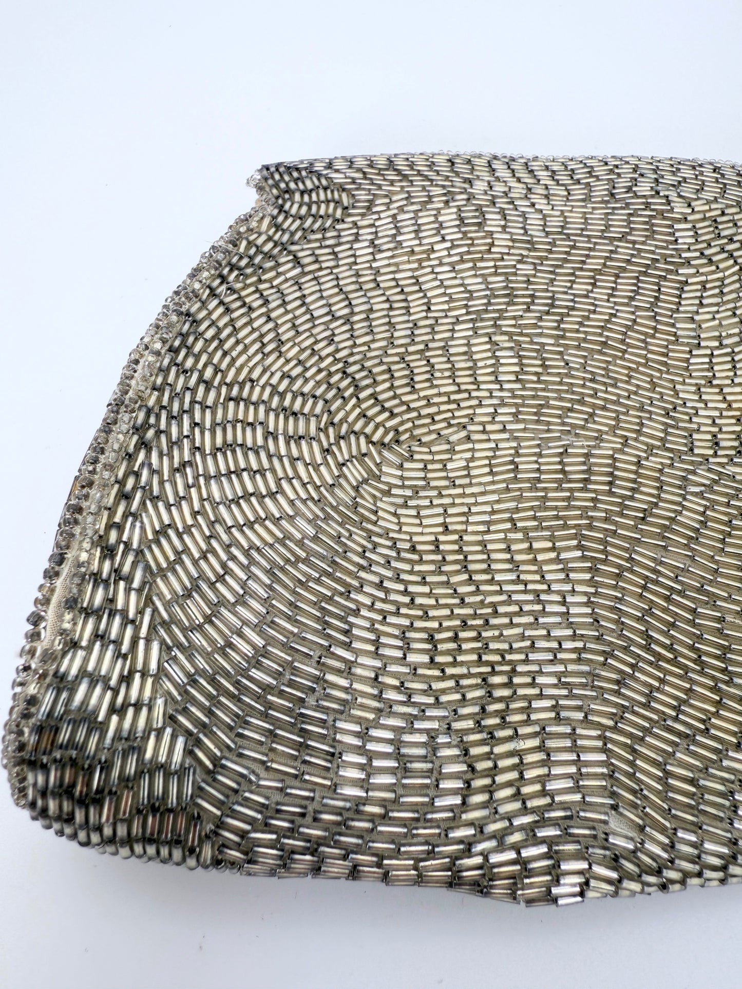 Vintage Schildkraut Bros. Hand-Beaded Silver Liquid Bead Clutch – Made in Japan – Fits Cell Phone