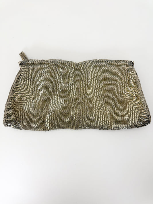 Vintage Schildkraut Bros. Hand-Beaded Silver Liquid Bead Clutch – Made in Japan – Fits Cell Phone