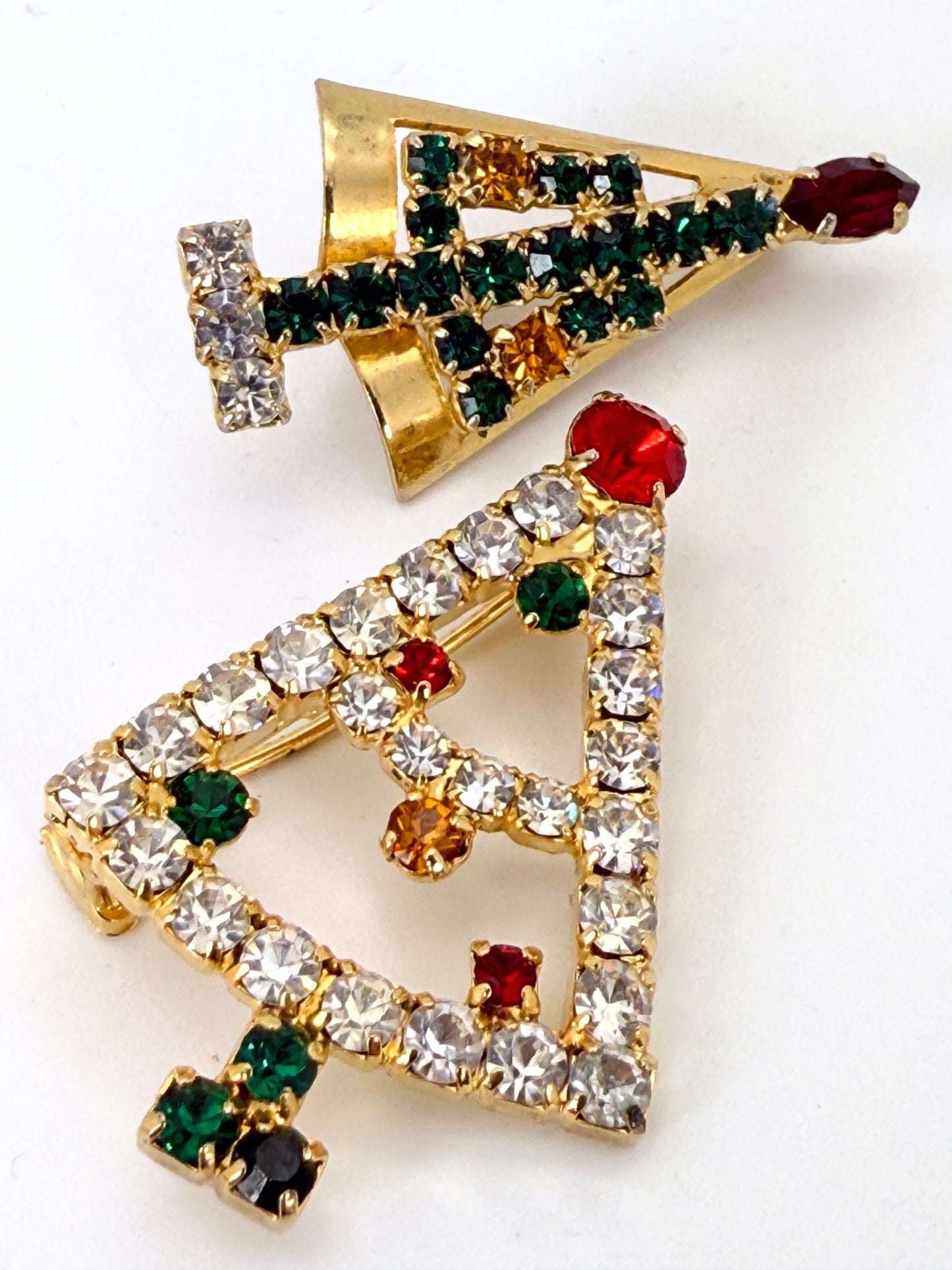 Set of 3 Vintage Rhinestone Christmas Tree Brooches – Prong-Set, Unmarked